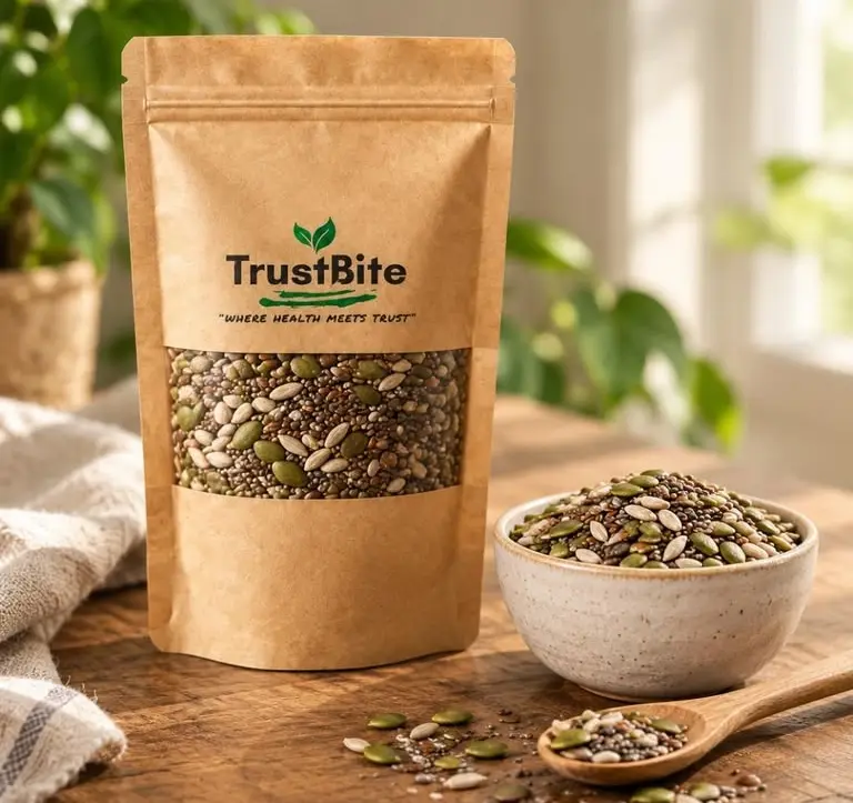 TrustBite Healthy Seed Mix pouch beside a bowl of mixed seeds.