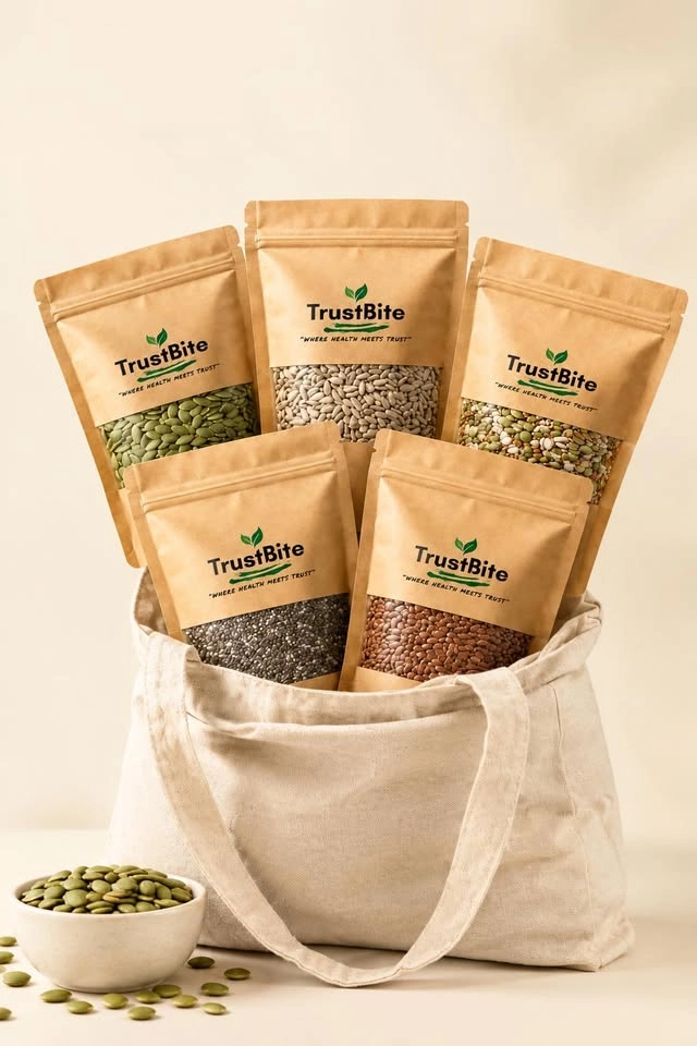 TrustBite healthy seed mix pouch with pumpkin, sunflower, chia and flax seeds.